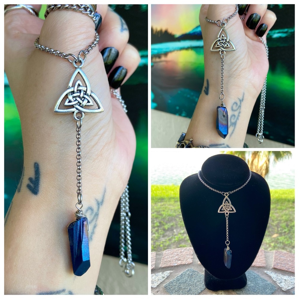 Lariat Y necklace celtic knot & dark blue crystal